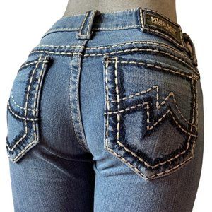 Miss Me Women's Boot Cut Jeans in Medium Blue with White Stitching